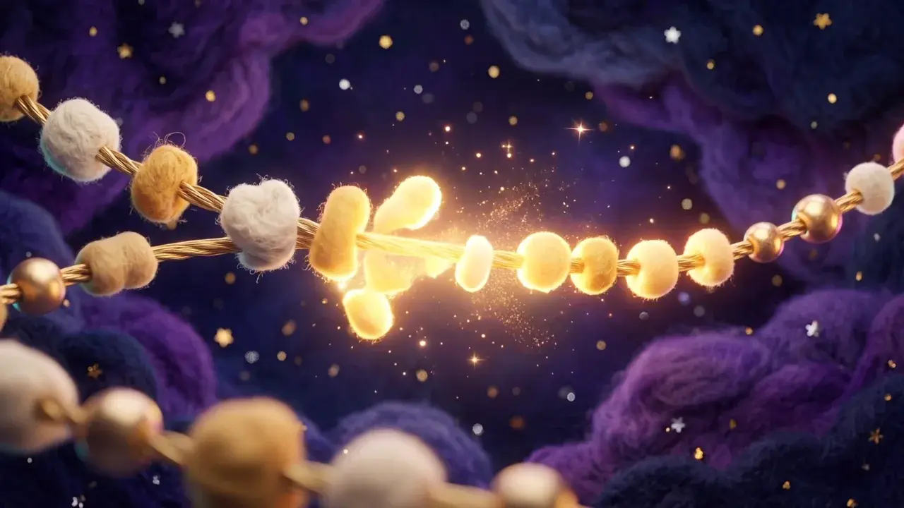 Ketten aus Filz-Perlen schweben im Kosmos, einige Perlen leuchten golden auf.