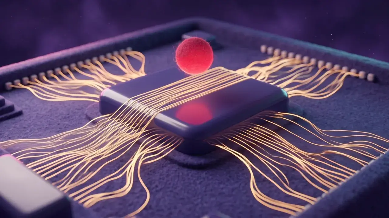 Ein Chip aus Vinyl, in den viele goldene Fäden laufen, gibt eine rote Perle aus.