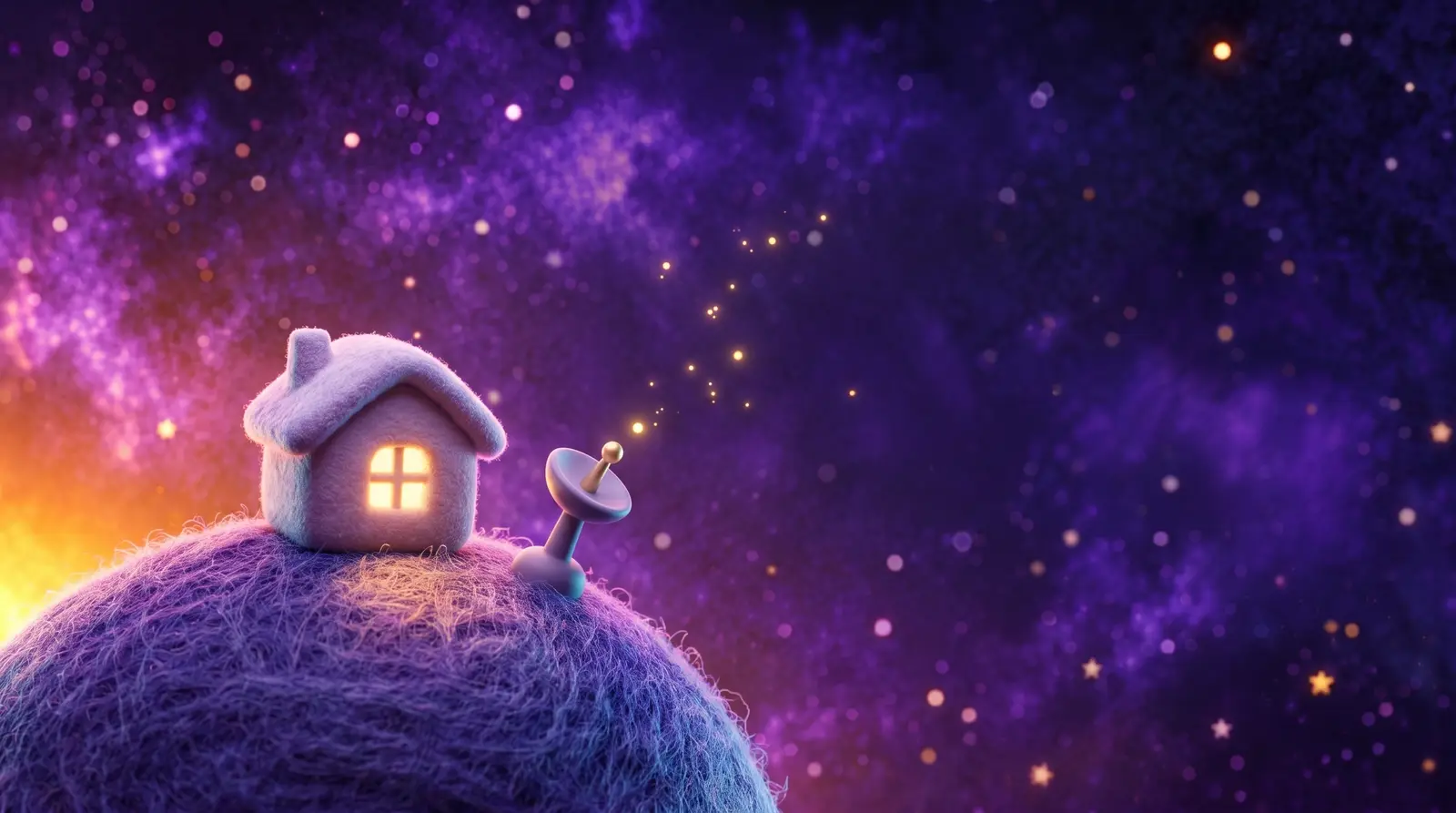 Das kleine Haus mit leuchtendem Fenster auf dem Filz-Planeten, daneben eine kleine Schüssel, die goldene Signale aus dem Kosmos empfängt